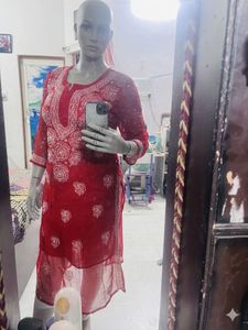 Vibrant Red Chikankari Kurta