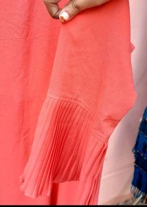 Elegant Coral Dress with Pleated Sleeves