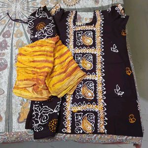 Beautiful Brown Kurta with Yellow Dupatta