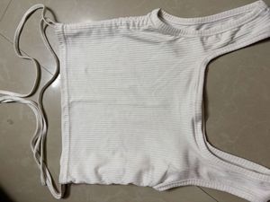 White Ribbed Crop Top with Tie Details
