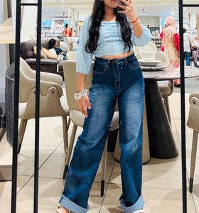 Stylish Wide Leg Blue Denim Jeans