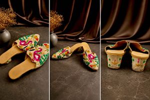 Embroidered Mules with Flamingo Design