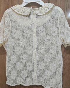 White Lace Top with Pearl Embellished Collar
