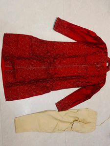 Men's Red Embroidered Kurta Set