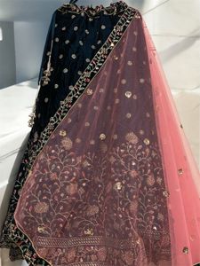 Elegant Navy Blue Velvet Embroidered Lehenga Set