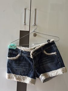 Denim Shorts with Fur Trim