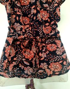 Navy Blue Floral Print Ruffled Wrap Top