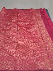 Teal Green Silk Saree with Pink Border