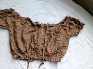 Brown Off-Shoulder Smocked Crop Top