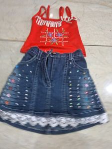 Cute Girls Red Top and Denim Skirt Set