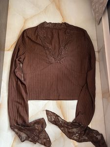 Brown Lace Trim Ribbed Crop Top