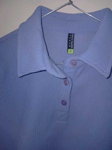 Light Blue Ribbed Polo Crop Top
