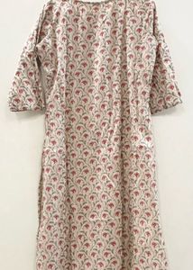 Off White Cotton Kurti with Red Floral Print