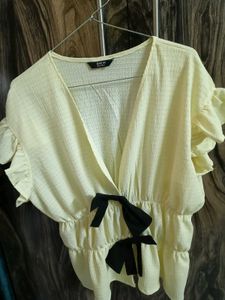 Shein Yellow Ruffled Bow Top