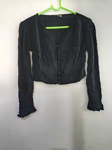 Black Cropped Button-Up Top