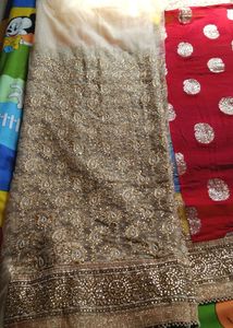 Wedding Saree/Cream And Red Net Saree