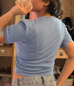 Blue Ribbed Puff Sleeve Crop Top