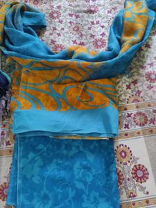 Turquoise & Orange Print Dress Material