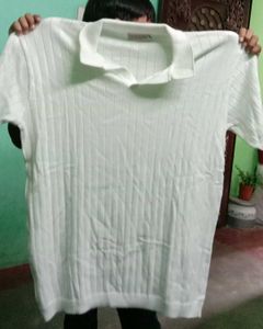 Men's solid Polo neck pure cotton white T shirt