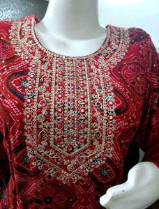 Red Printed Kurta with Pants and Dupatta