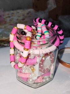 Pink Beaded Bracelets, necklaces,ring,earrings mix