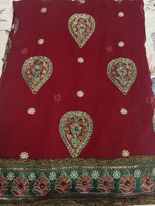 Embroidered Maroon Silk Saree