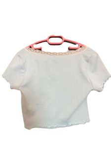 Coquette Baby Blue Ribbed Lace Trim Top