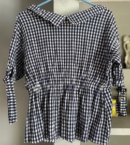 Navy Gingham Button-Up Top
