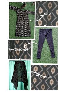 Black Printed Cotton Kurti, Pant And Dupatta Set