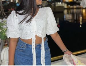 Chic White Embroidered Tie-Front Top