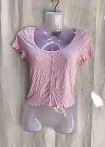 Cute Pink Ribbed Button-Up Crop Top