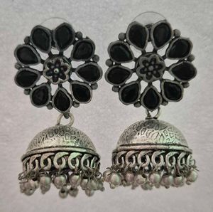Black Floral Jhumka Earrings