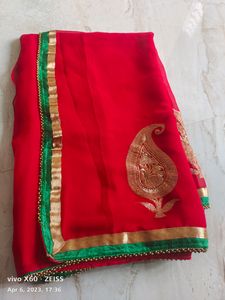 Bright Red Chiffon Saree With Border