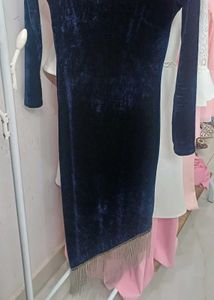 Elegant Navy Velvet Dress with Fringe Detail