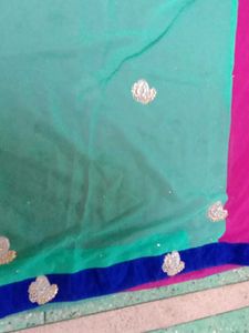 Embellished Teal Saree with Pink Border