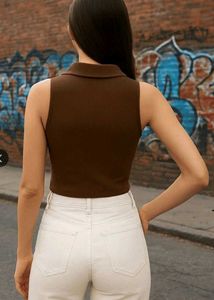 Brown Ribbed Polo Tank Top