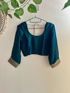 Teal Blue Bordered Saree with Gold Embroidery