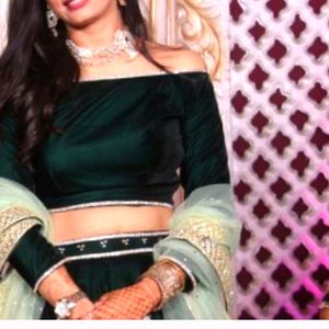 Dark Green Velvet Off Shoulder Lehanga Engagem