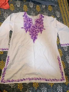 Elegant White Kurta with Purple Embroidery