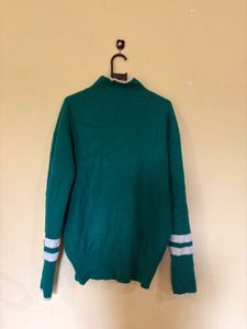 unisex Green Zip-Up Knit Sweater with Stripes
