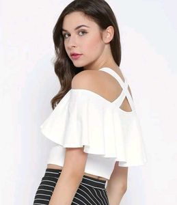 White Off-Shoulder Ruffle Crop Top