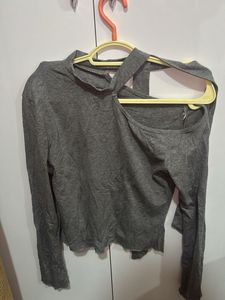 Grey Cut-Out Long Sleeve Top