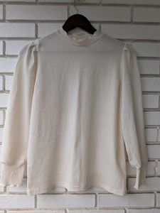 Cream Ribbed Mock Neck Puff Sleeve Top