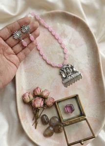 Elegant Pink Beaded Necklace & Earrings Set