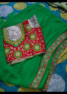 GREEN SAREE WITH EMBROIDERY BLOUSE PEICE SET