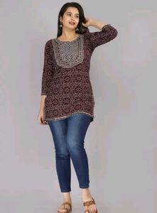Maroon Printed Kurta with Embellished Neckline