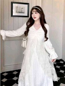 korean fur White Lace Detail Long Dress