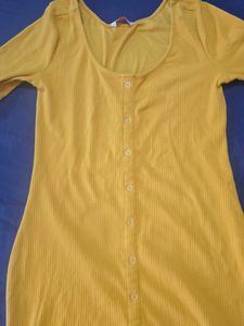 Yellow Button-Up Ribbed Dress