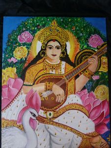 Saraswati Idol Canvas with Veena and Swan