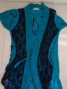 Teal &amp; Black Lace Trim Kurta